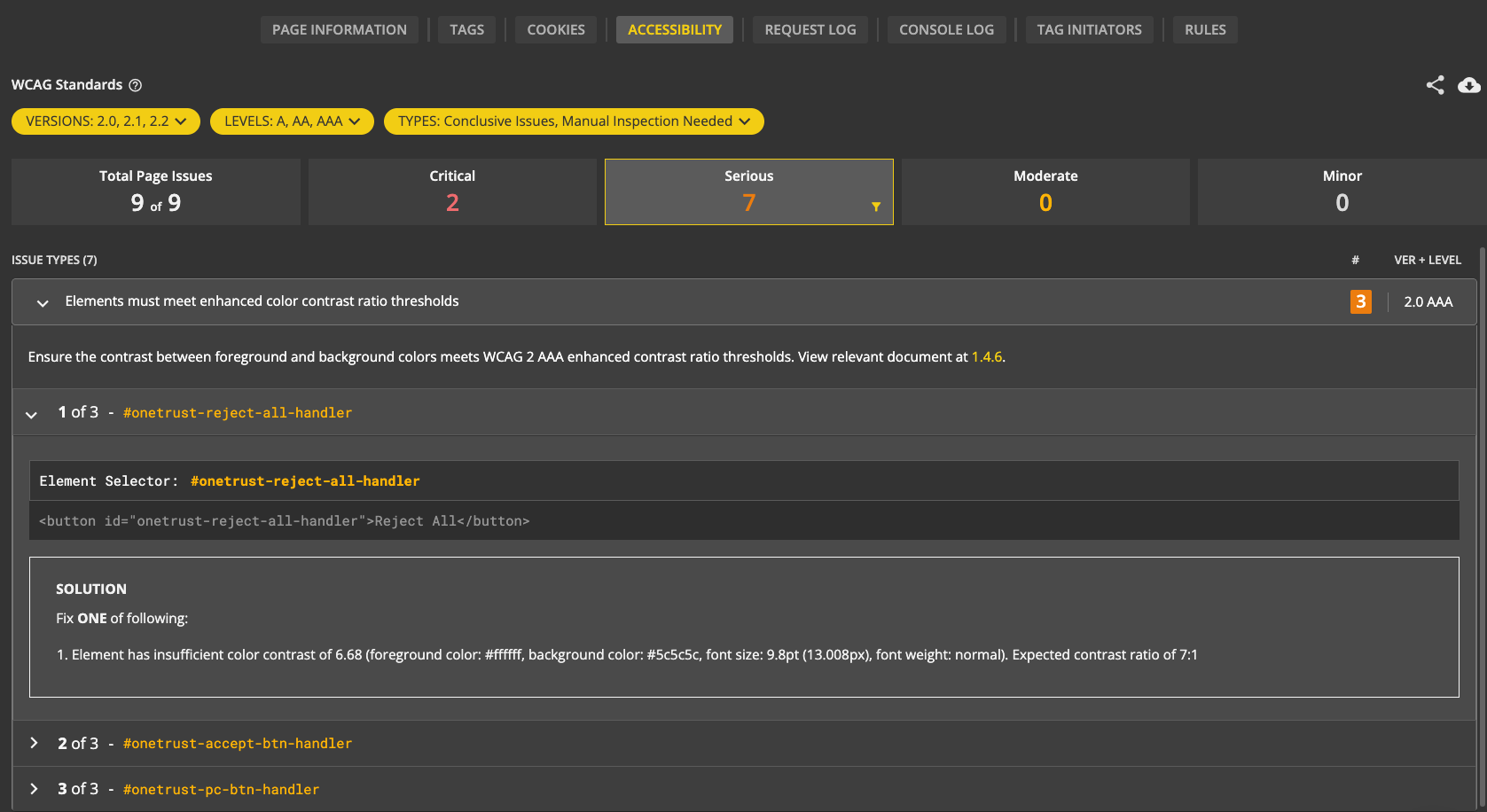 Screenshot of Accessibility Feature in the ObservePoint platform